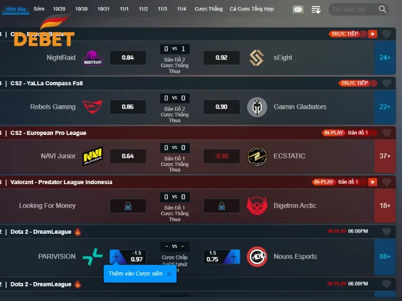 Tùy trận đấu mà Debet sẽ tổ chức thêm nhiều kèo cược phụ cho người chơi
